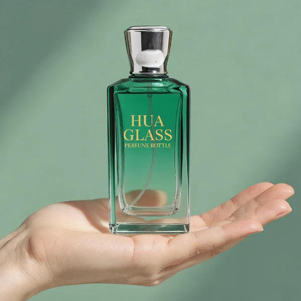HUA0346 perfume bottle, rectangular transparent colorless glass body with gradient blue, green, or amber tint, 100 ml liquid, glossy square plastic cap with smooth curved sides, no bottle neck, gold printed brand logo on bottle surface, modern luxury minimalist design, ideal for gifting and daily use.