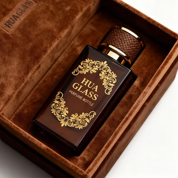 HUA0347 perfume bottle, rectangular amber glass body with thick base and smooth beveled edges, gold plastic cap wrapped in black or brown leather, luxury minimalist fragrance packaging design, ideal for gifting and personal fragrance use
