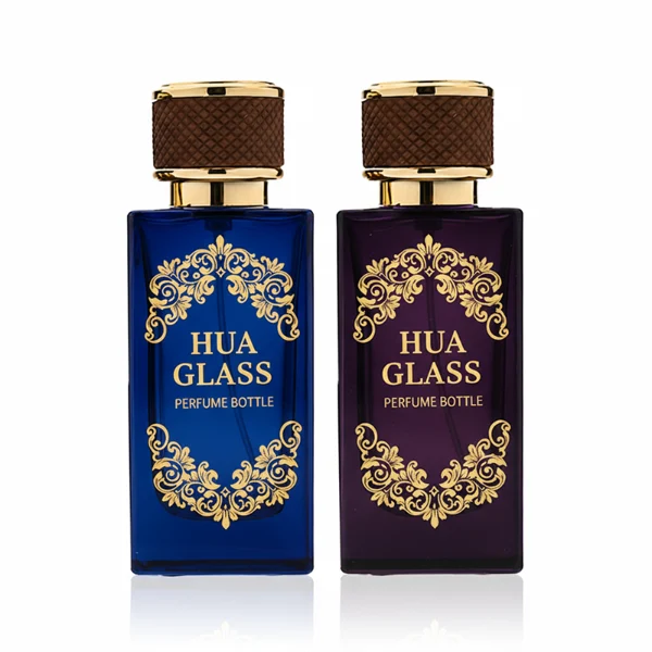 HUA0347 perfume bottle, rectangular amber glass body with thick base and smooth beveled edges, gold plastic cap wrapped in black or brown leather, luxury minimalist fragrance packaging design, ideal for gifting and personal fragrance use