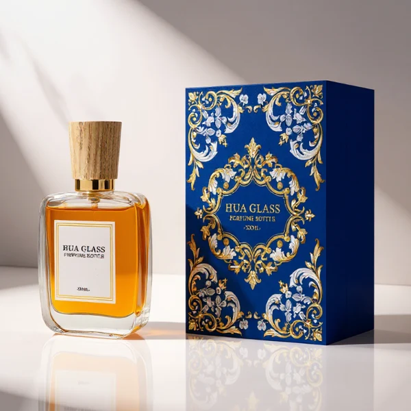 HUA0348 perfume bottle, rounded rectangular clear glass body with thick base, tapered wooden cap available in black, brown, or natural wood color, optional gold or silver collar, modern minimalist luxury fragrance packaging design