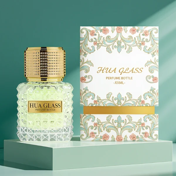 HUA0349 perfume bottle, embossed round clear glass body with aluminum label plate, layered ring edge details, textured metallic cylindrical cap, luxury vintage fragrance packaging design