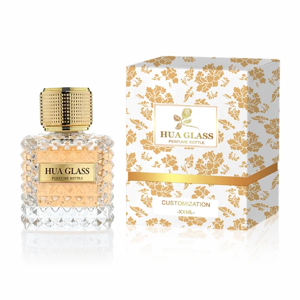 HUA0349 perfume bottle, embossed round clear glass body with aluminum label plate, layered ring edge details, textured metallic cylindrical cap, luxury vintage fragrance packaging design