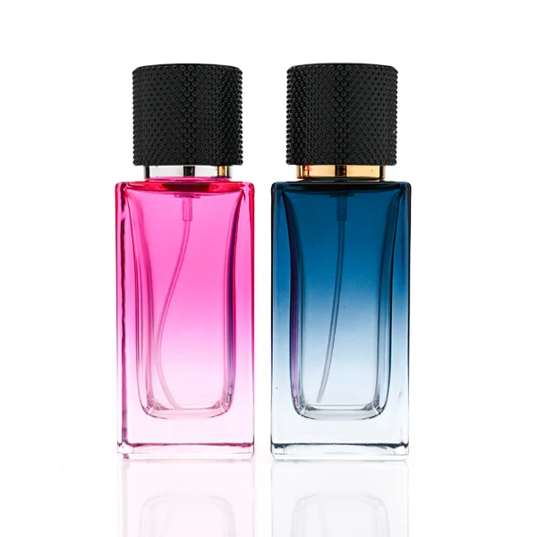 HUA0350 perfume bottle, rectangular glass body with gold ornamental printing, textured matte cylindrical cap, luxury vintage modern fragrance packaging design