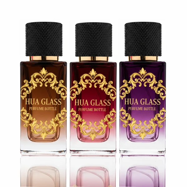 HUA0350 perfume bottle, rectangular glass body with gold ornamental printing, textured matte cylindrical cap, luxury vintage modern fragrance packaging design