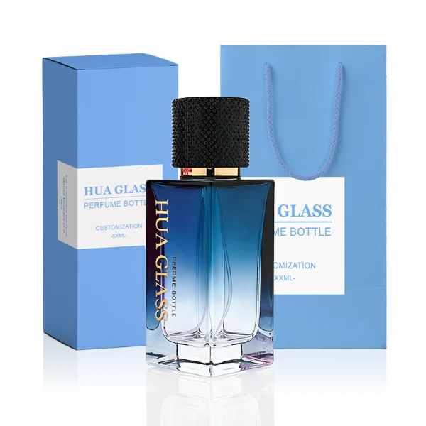 HUA0350 perfume bottle, rectangular glass body with gold ornamental printing, textured matte cylindrical cap, luxury vintage modern fragrance packaging design
