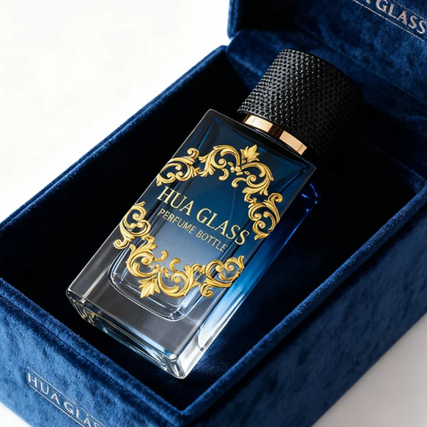 HUA0350 perfume bottle, rectangular glass body with gold ornamental printing, textured matte cylindrical cap, luxury vintage modern fragrance packaging design