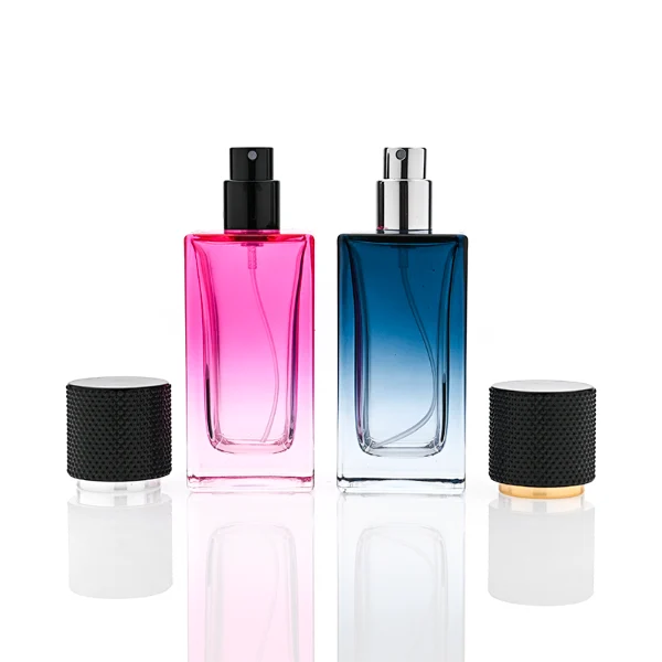 HUA0350 perfume bottle, rectangular glass body with gold ornamental printing, textured matte cylindrical cap, luxury vintage modern fragrance packaging design