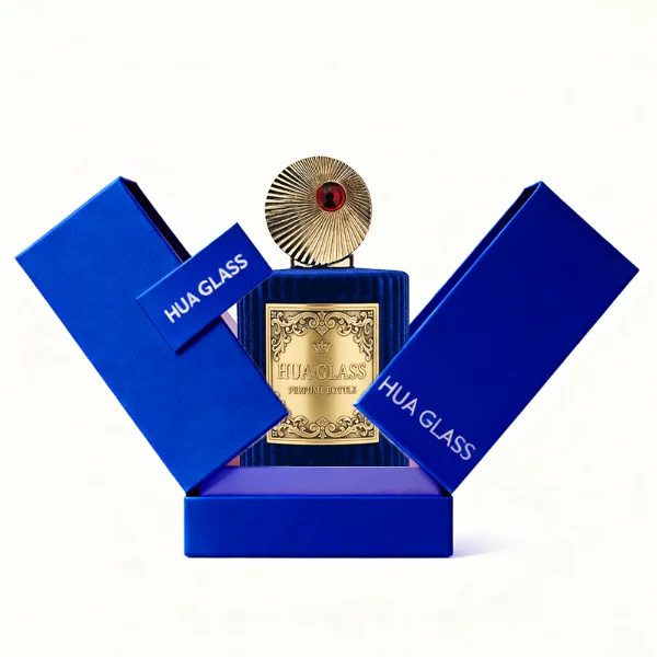 HUA0351 perfume bottle, velvet wrapped cylindrical glass body with gold aluminum label plate, decorative metallic zamak cap with sunburst texture or irregular cylindrical shape, luxury artistic vintage fragrance packaging design