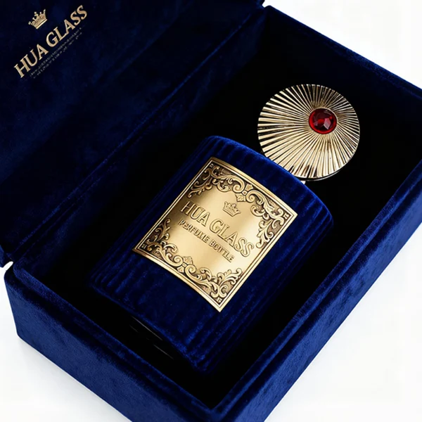 HUA0351 perfume bottle, velvet wrapped cylindrical glass body with gold aluminum label plate, decorative metallic zamak cap with sunburst texture or irregular cylindrical shape, luxury artistic vintage fragrance packaging design