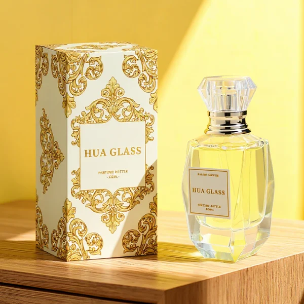 HUA0352 perfume bottle, multi-faceted geometric cut glass body with clear or black diamond-shaped plastic cap and gold collar, minimalist paper label with elegant gold lettering, modern luxury fragrance packaging design