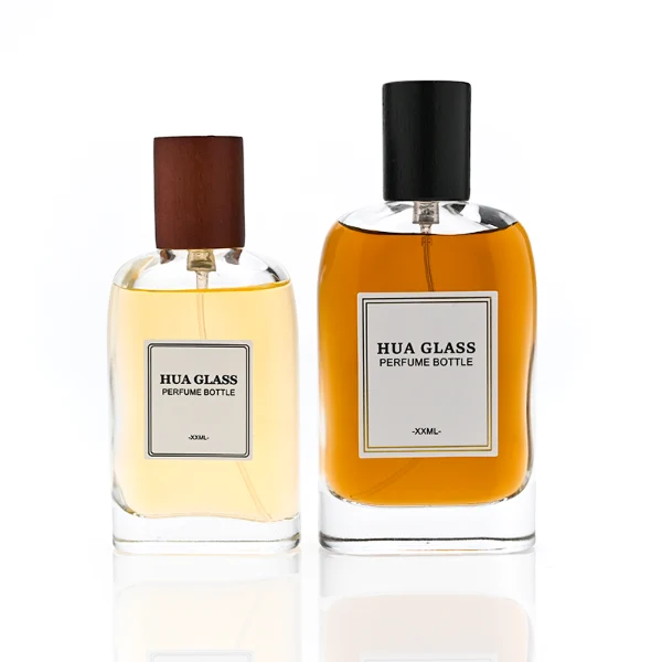 HUA0353 perfume bottle, flat cylindrical glass body with reddish-brown or black cylindrical wooden cap, square paper label with minimalist border, Nordic minimalist fragrance packaging design available in 50ml and 75ml