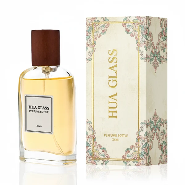 HUA0353 perfume bottle, flat cylindrical glass body with reddish-brown or black cylindrical wooden cap, square paper label with minimalist border, Nordic minimalist fragrance packaging design available in 50ml and 75ml