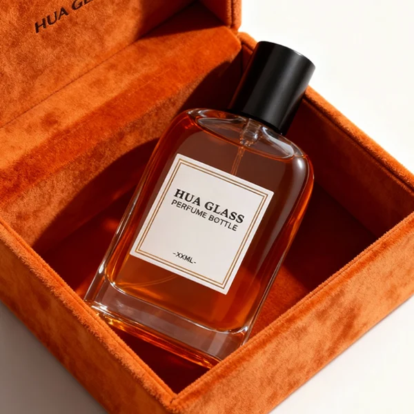 HUA0353 perfume bottle, flat cylindrical glass body with reddish-brown or black cylindrical wooden cap, square paper label with minimalist border, Nordic minimalist fragrance packaging design available in 50ml and 75ml
