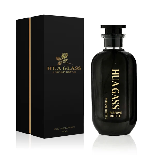 HUA0354 perfume bottle, cylindrical glass body in black, green, and blue with vertical gold printed logo, black plastic cap with a transparent accent ring, modern bold luxury fragrance packaging design available in 50ml and 100ml