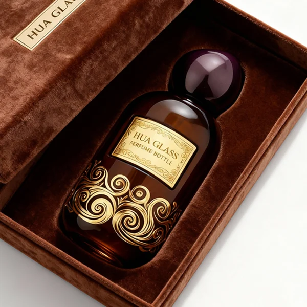 HUA0355 perfume bottle, colored cylindrical glass body in amber brown, purple, and burgundy red with gold aluminum label plate, irregular sculptural pebble plastic cap, luxury artistic vintage fragrance packaging design