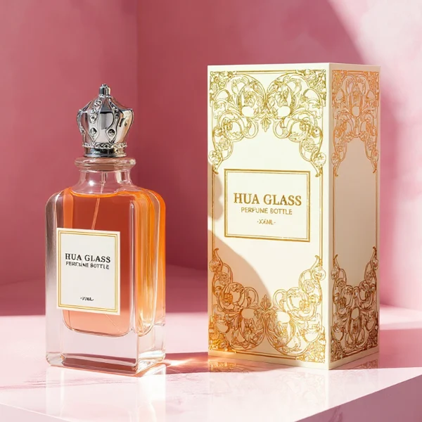 HUA0356 perfume bottle, rectangular cuboid clear glass body with ornate engraved gold or silver royal crown cap, centered paper label with elegant border, luxury imperial vintage fragrance packaging design