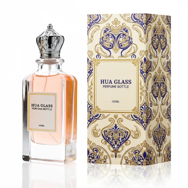 HUA0356 perfume bottle, rectangular cuboid clear glass body with ornate engraved gold or silver royal crown cap, centered paper label with elegant border, luxury imperial vintage fragrance packaging design