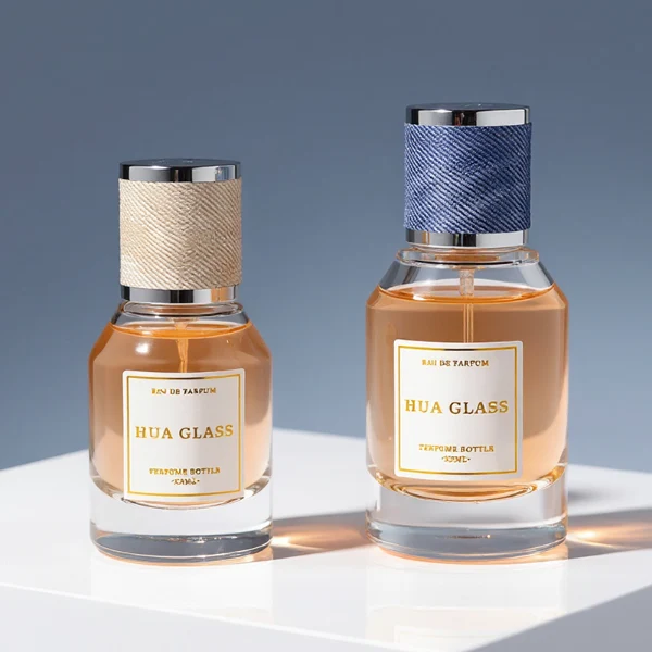 HUA0360 perfume bottle, flat rectangular clear glass body with silver neck and a paper label attached, textured blue or beige cylindrical plastic cap with silver trim, contemporary casual luxury fragrance packaging design available in 30ml, 50ml, and 100ml
