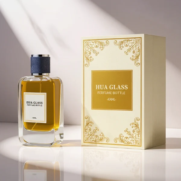 HUA0360 perfume bottle, flat rectangular clear glass body with silver neck and a paper label attached, textured blue or beige cylindrical plastic cap with silver trim, contemporary casual luxury fragrance packaging design available in 30ml, 50ml, and 100ml