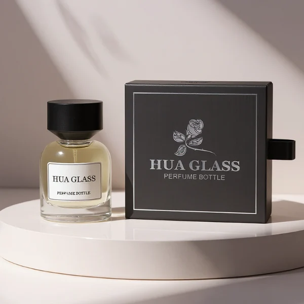 HUA0361 perfume bottle, round cylindrical clear glass body with a paper label attached, matte black inverted cone plastic cap, contemporary minimalist luxury fragrance packaging design available in 50ml and 100ml