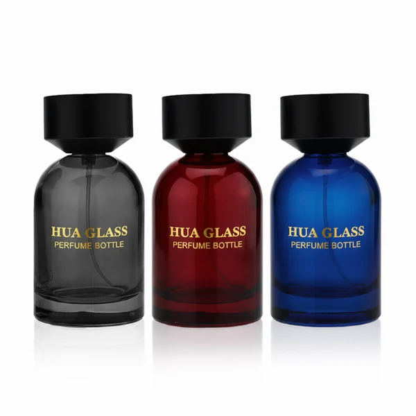 HUA0364 perfume bottle, round cylindrical glass body in translucent grey, red, and blue with gold printed logo, matte black inverted cone plastic cap, contemporary minimalist luxury fragrance packaging design available in 50ml and 100ml