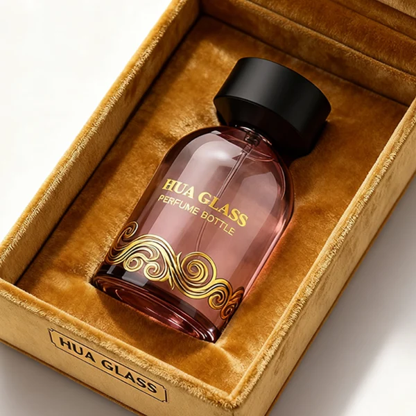 HUA0364 perfume bottle, round cylindrical glass body in translucent grey, red, and blue with gold printed logo, matte black inverted cone plastic cap, contemporary minimalist luxury fragrance packaging design available in 50ml and 100ml