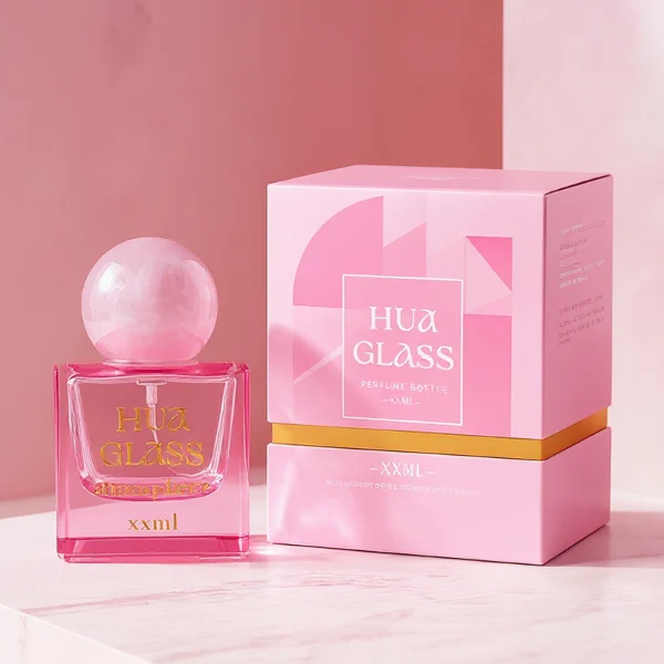 HUA0367 perfume bottle, square cubic glass body in translucent pink or amber orange with gold printed logo, oversized spherical ball plastic cap with marble veins texture, contemporary artistic pop luxury fragrance packaging design available in 30ml, 50ml, and 100ml