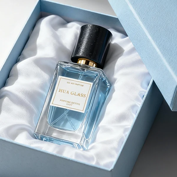 HUA0369 perfume bottle, rectangular cuboid clear glass body with centered paper label, premium cylindrical natural marble cap in white veined, jade green, and dark blue stone textures with gold or silver neck, Nordic minimalist luxury fragrance packaging design available in 30ml, 50ml, and 100ml