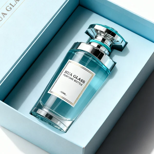 HUA0371 perfume bottle, inverted tapered glass body in translucent green or blue with centered paper label, ribbed umbrella-shaped plastic cap in mint green with silver or shiny black with rose gold wave shoulder accents, avant-garde luxury fragrance packaging design available in 50ml and 100ml