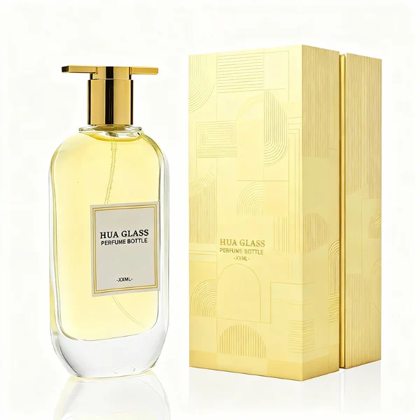 HUA0372 perfume bottle, oval oblong clear glass body with centered paper label, unique architectural T-shaped plastic cap with flat horizontal bar top in shiny silver or glossy black, contemporary minimalist luxury fragrance packaging design available in 50ml and 100ml