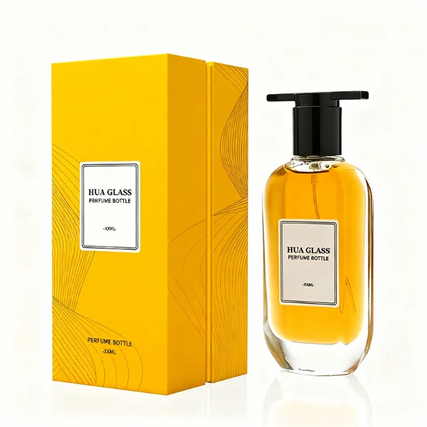 HUA0372 perfume bottle, oval oblong clear glass body with centered paper label, unique architectural T-shaped plastic cap with flat horizontal bar top in shiny silver or glossy black, contemporary minimalist luxury fragrance packaging design available in 50ml and 100ml