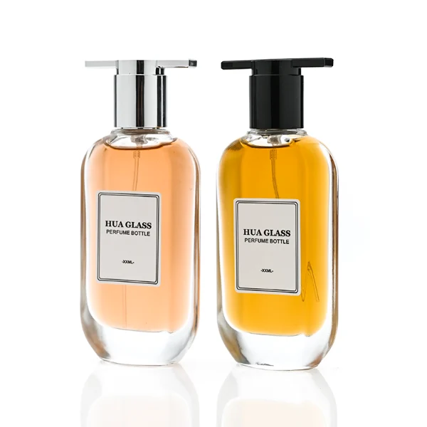 HUA0372 perfume bottle, oval oblong clear glass body with centered paper label, unique architectural T-shaped plastic cap with flat horizontal bar top in shiny silver or glossy black, contemporary minimalist luxury fragrance packaging design available in 50ml and 100ml