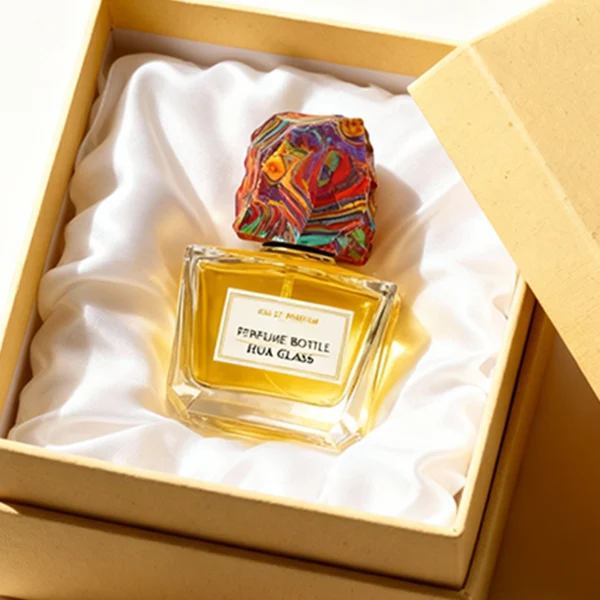 HUA0373 perfume bottle, wide rectangular cuboid clear glass body with centered paper label, rugged organic raw semi-precious stone cap in violet crystal, colorful agate or charcoal black rock textures, artistic luxury fragrance packaging design available in 50ml and 100ml