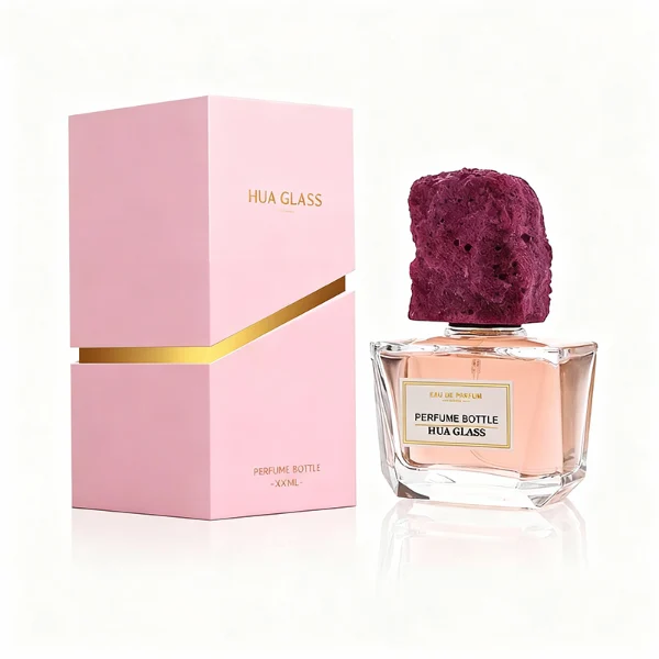 HUA0373 perfume bottle, wide rectangular cuboid clear glass body with centered paper label, rugged organic raw semi-precious stone cap in violet crystal, colorful agate or charcoal black rock textures, artistic luxury fragrance packaging design available in 50ml and 100ml