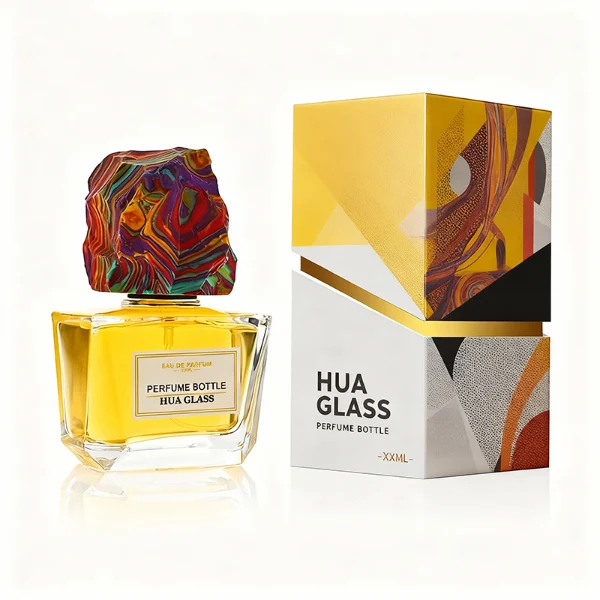 HUA0373 perfume bottle, wide rectangular cuboid clear glass body with centered paper label, rugged organic raw semi-precious stone cap in violet crystal, colorful agate or charcoal black rock textures, artistic luxury fragrance packaging design available in 50ml and 100ml