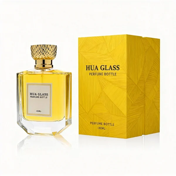 HUA0374 perfume bottle, flat hexagonal multi-faceted clear glass body with gold neck and centered paper label, textured inverted trapezoid gold plastic cap in grid knurled or chevron ribbed patterns matching the gold neck, Art Deco luxury fragrance packaging design in 100ml
