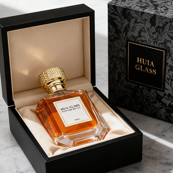 HUA0374 perfume bottle, flat hexagonal multi-faceted clear glass body with gold neck and centered paper label, textured inverted trapezoid gold plastic cap in grid knurled or chevron ribbed patterns matching the gold neck, Art Deco luxury fragrance packaging design in 100ml