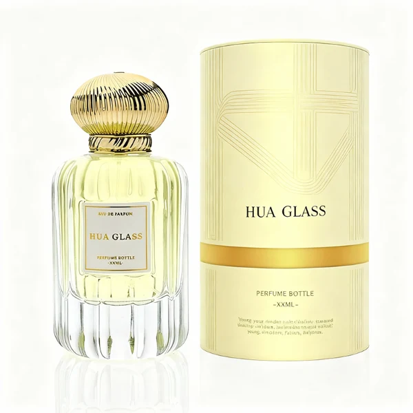 HUA0376 perfume bottle, vertical fluted clear glass body with diagonal twisted gold neck and centered paper label, swirling textured pumpkin-shaped plastic cap in shiny gold with black lines or matte white, neoclassical luxury fragrance packaging design available in 50ml and 100ml