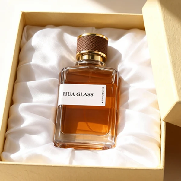 HUA0377 perfume bottle, flat rectangular cuboid clear glass body with gold neck and wrapped paper label, textured diamond knurled cylindrical plastic cap with gold trim in dark brown or black, modern industrial luxury fragrance packaging design in 100ml