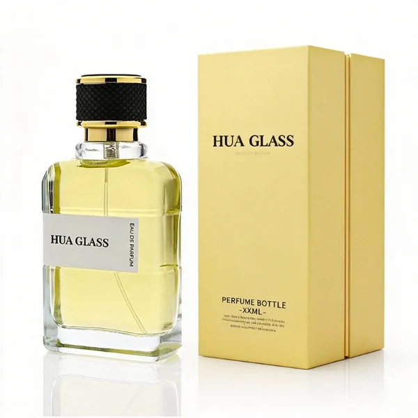HUA0377 perfume bottle, flat rectangular cuboid clear glass body with gold neck and wrapped paper label, textured diamond knurled cylindrical plastic cap with gold trim in dark brown or black, modern industrial luxury fragrance packaging design in 100ml