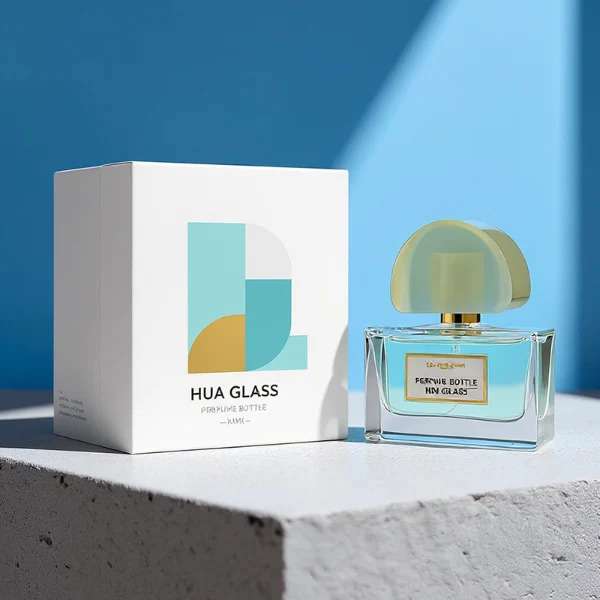 HUA0378 perfume bottle, wide rectangular cuboid clear glass body with gold or silver neck and centered paper label, unique semi-circular arch semi-precious stone cap in translucent pale quartz or rich deep green mineral textures, architectural luxury fragrance packaging design available in 30ml, 50ml, and 100ml