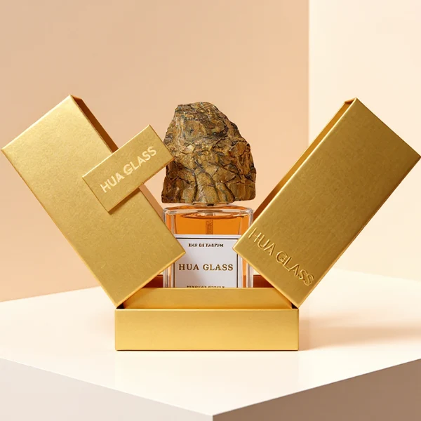 HUA0379 perfume bottle, cylindrical clear glass body with centered paper label, rugged organic raw semi-precious stone cap in pink rose quartz, tiger's eye jasper, green bloodstone or black lava rock textures, artistic luxury fragrance packaging design available in 30ml, 50ml, and 100ml