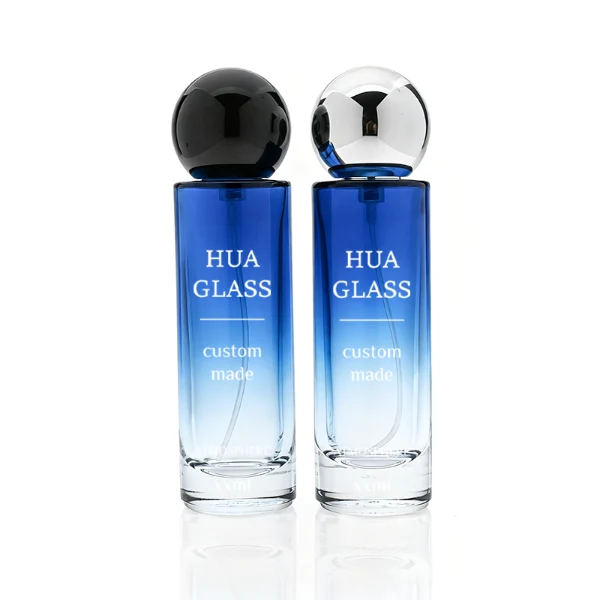 HUA0380 perfume bottle, slim cylindrical translucent glass body with colorful ombre gradient coating and white brand logo and text, sleek spherical dome plastic cap in shiny silver, modern minimalist luxury fragrance packaging design available in 30ml, 50ml, and 100ml