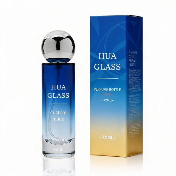 HUA0380 perfume bottle, slim cylindrical translucent glass body with colorful ombre gradient coating and white brand logo and text, sleek spherical dome plastic cap in shiny silver, modern minimalist luxury fragrance packaging design available in 30ml, 50ml, and 100ml
