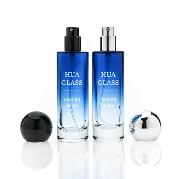HUA0380 perfume bottle, slim cylindrical translucent glass body with colorful ombre gradient coating and white brand logo and text, sleek spherical dome plastic cap in shiny silver, modern minimalist luxury fragrance packaging design available in 30ml, 50ml, and 100ml