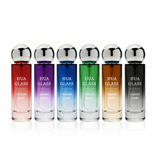 HUA0380 perfume bottle, slim cylindrical translucent glass body with colorful ombre gradient coating and white brand logo and text, sleek spherical dome plastic cap in shiny silver, modern minimalist luxury fragrance packaging design available in 30ml, 50ml, and 100ml