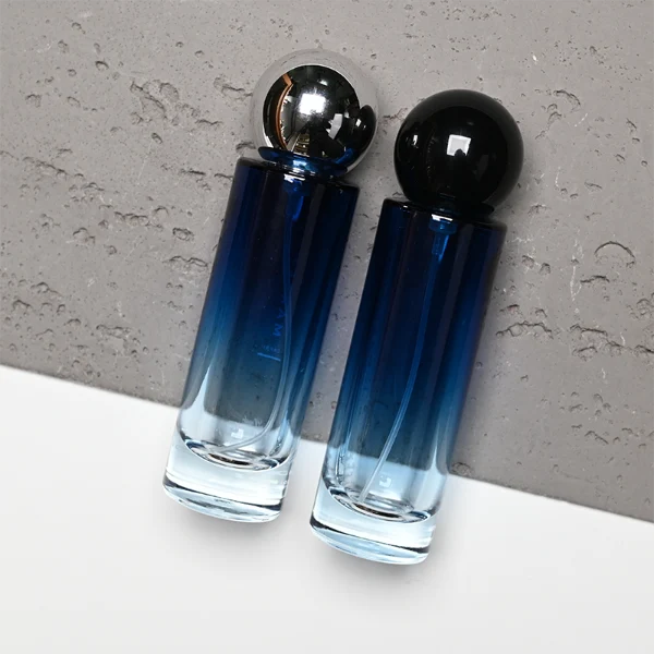 HUA0380 perfume bottle, slim cylindrical translucent glass body with colorful ombre gradient coating and white brand logo and text, sleek spherical dome plastic cap in shiny silver, modern minimalist luxury fragrance packaging design available in 30ml, 50ml, and 100ml