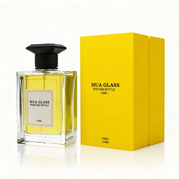 HUA0381 perfume bottle, flat rectangular cuboid clear glass body with horizontally ribbed black neck collar and centered paper label, geometric bi-conical UFO-shaped plastic cap in radiant gold or matte black, architectural luxury fragrance packaging design in 100ml