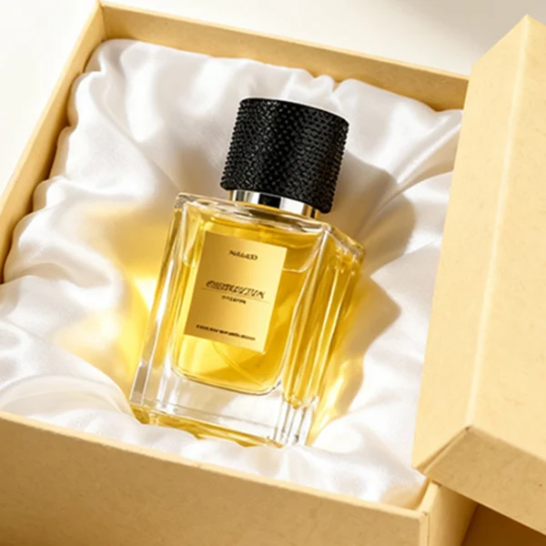 HUA0382 perfume bottle, square cubic clear glass body with architectural vertical fluting flutes, shiny gold neck and centered gold rectangular label, diamond knurled cylindrical plastic cap in deep brown or black matte finishes, luxury niche fragrance packaging design available in 50ml and 100ml