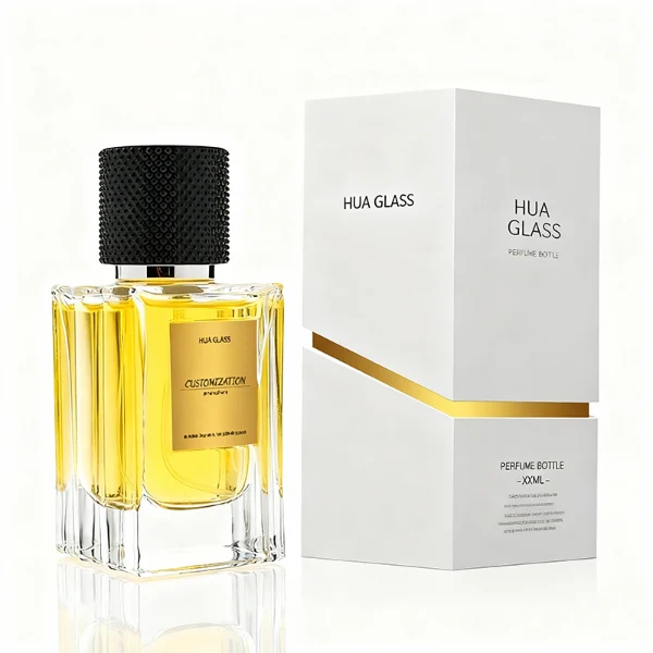 HUA0382 perfume bottle, square cubic clear glass body with architectural vertical fluting flutes, shiny gold neck and centered gold rectangular label, diamond knurled cylindrical plastic cap in deep brown or black matte finishes, luxury niche fragrance packaging design available in 50ml and 100ml